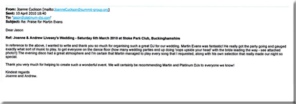 DJ Martin Evans for Joanne and Andrew Livesey's Wedding Reception.