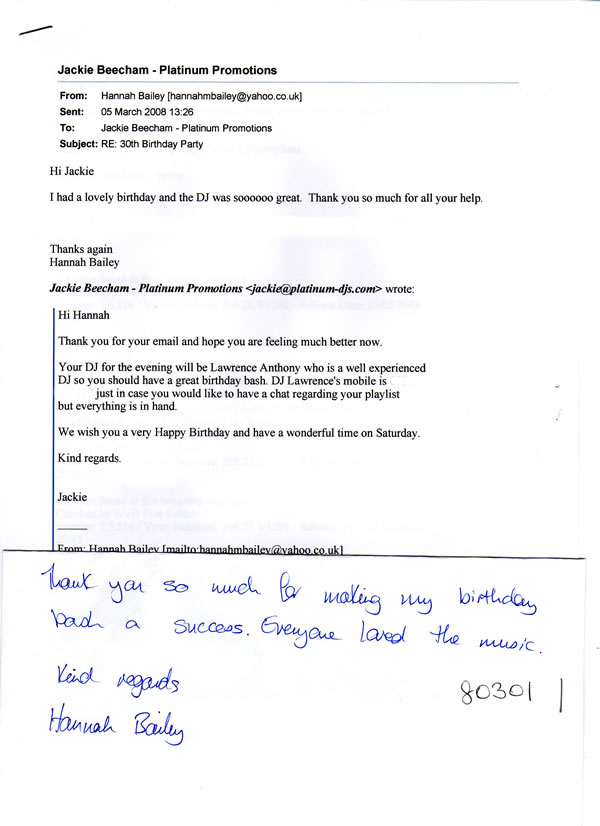 DJ Lawrence Anthony testimonial from Hannah Bailey following her 30th Birthday Party