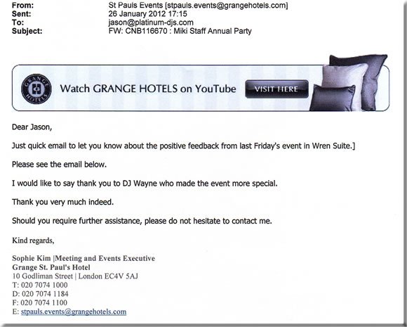DJ Wayne Smooth, Grange Hotel, Corporate Event, London, 120126