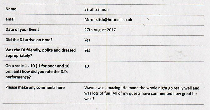 DJ Wayne DJ feedback for performance at a Wedding. 