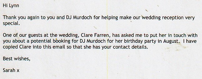 DJ Murdoch received a good review for his performance at a Wedding in London.