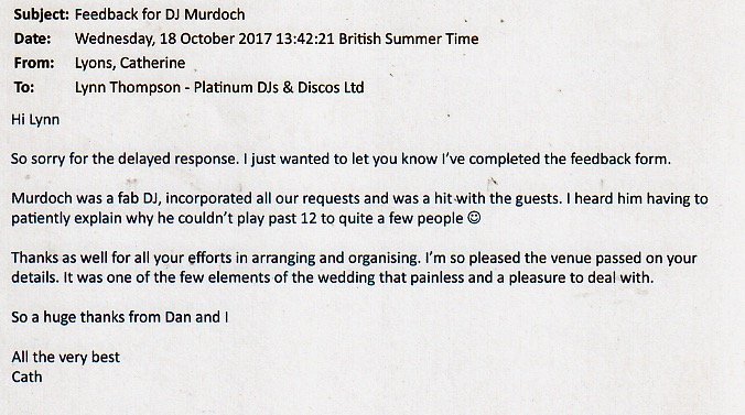 DJ Murdoch review for his performance at a Wedding in Kent. 