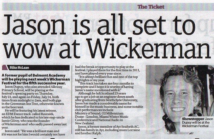 DJ Jason Dupuy's newspaper article for opening the Wickerman Festival