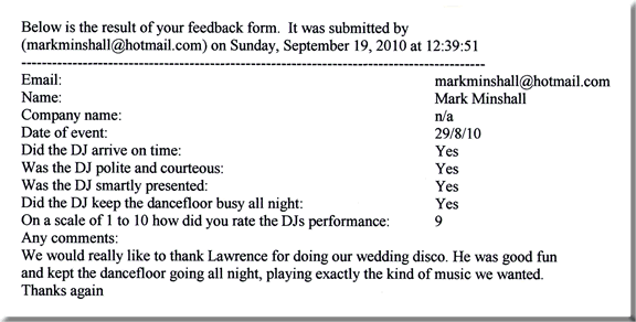 DJ Lawrence Anthony for Mark Minshall's Wedding Reception.