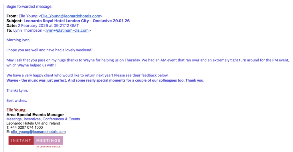 DJ Review for Wayne Smooth - Corporate Event in London for Leonardo Hotels