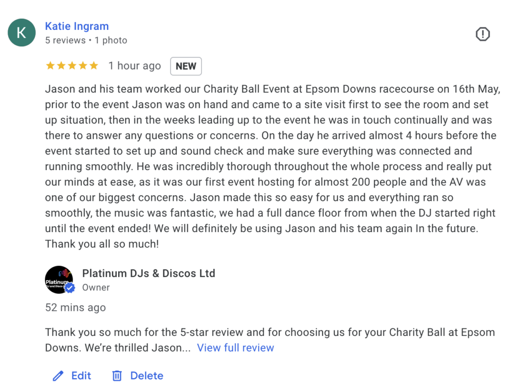 Google Review for Chairty Event DJ and Corporate Event DJ Jason Dupuy at Epsom Down's Racecourse in Surrey.