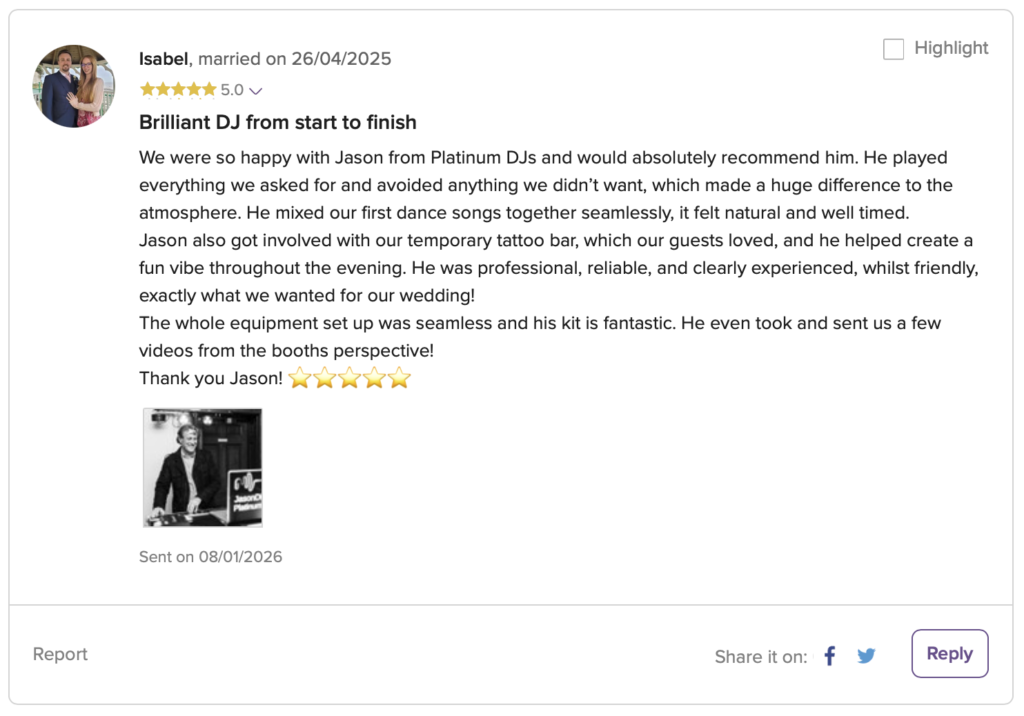 Wedding DJ Review for Jason Dupuy at Mount Ephraim in Kent