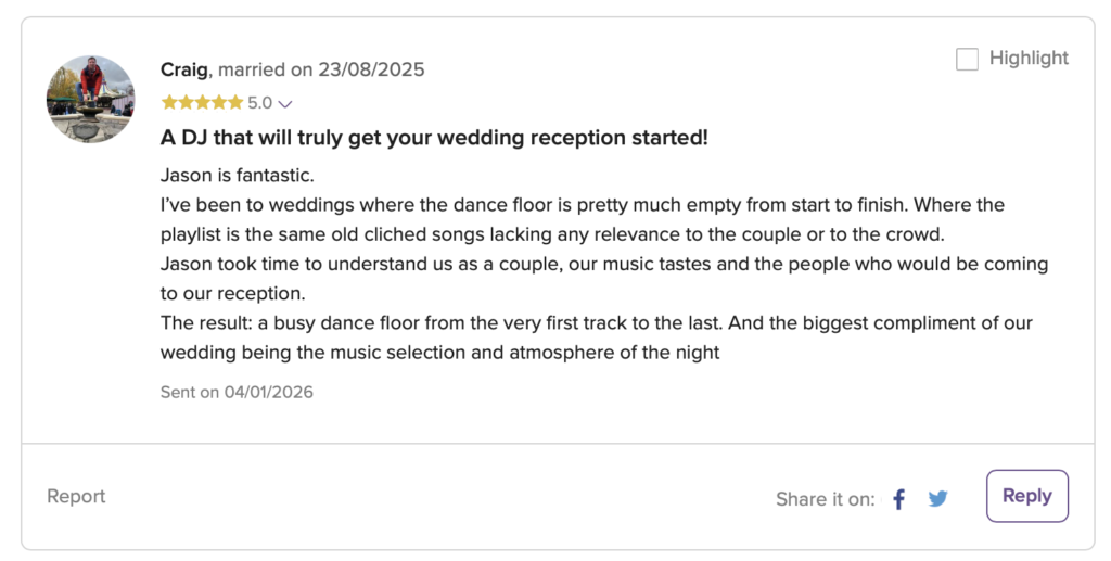 Wedding DJ Review for DJ Jason Dupuy at The Trafalgar Tavern, Greenwich, London