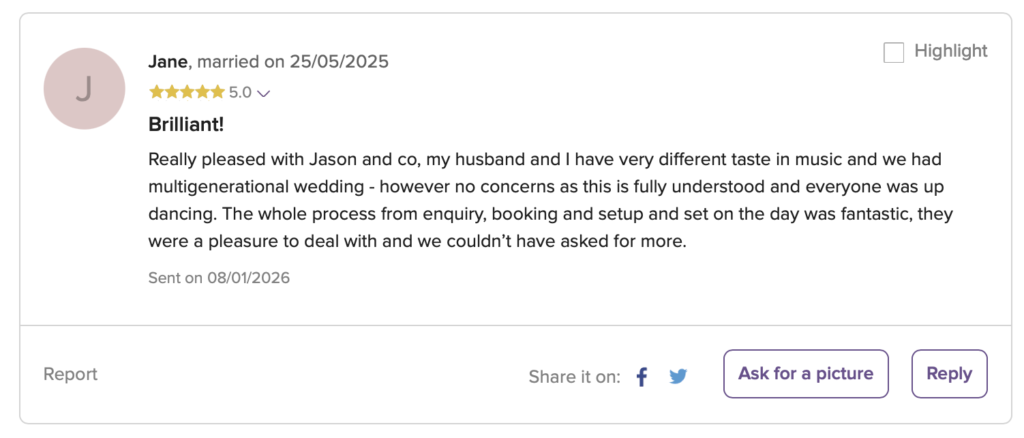 Review for Wedding DJ Jason Dupuy at Trafalgar Tavern, Greenwich, London.