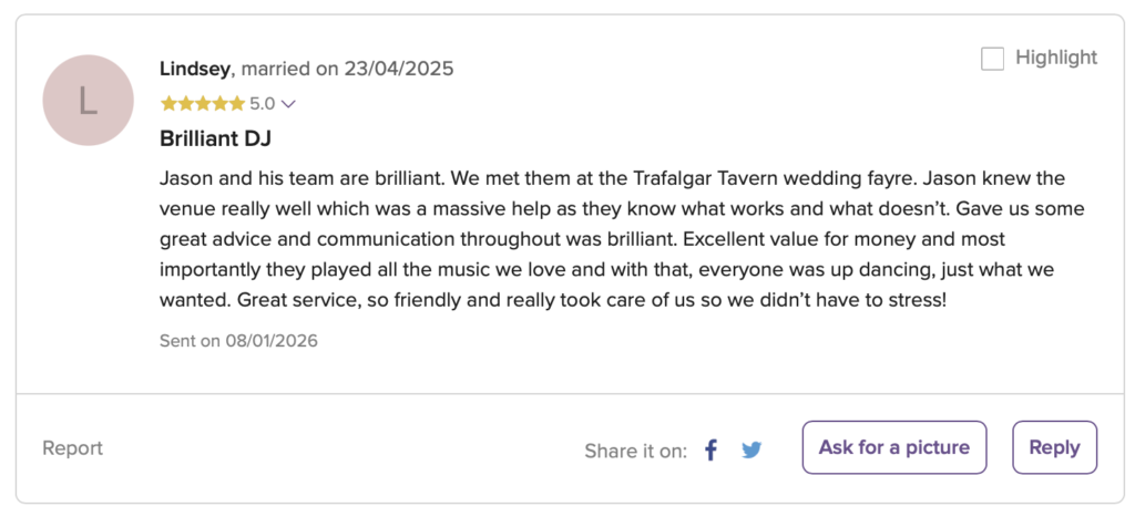 Review of Trafalgar Tavern Wedding DJ Jason Dupuy of Platinum DJs for Wedding in Greenwich, London