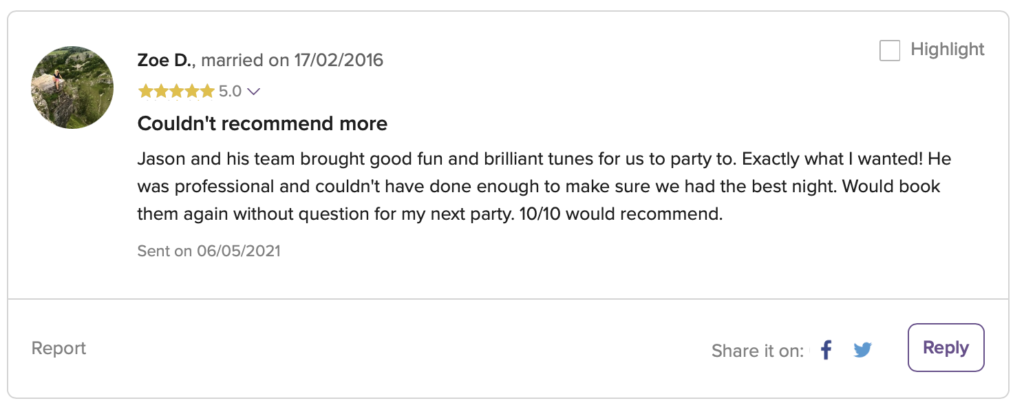 Wedding DJ review for Platinum DJ Jason Dupuy at Shangri-La The Shard, London. 
