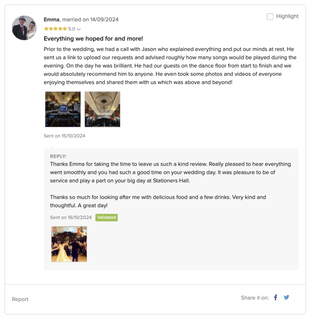 Wedding DJ review for DJ Jason Dupuy of Platinum DJs at Stationers Hall, London