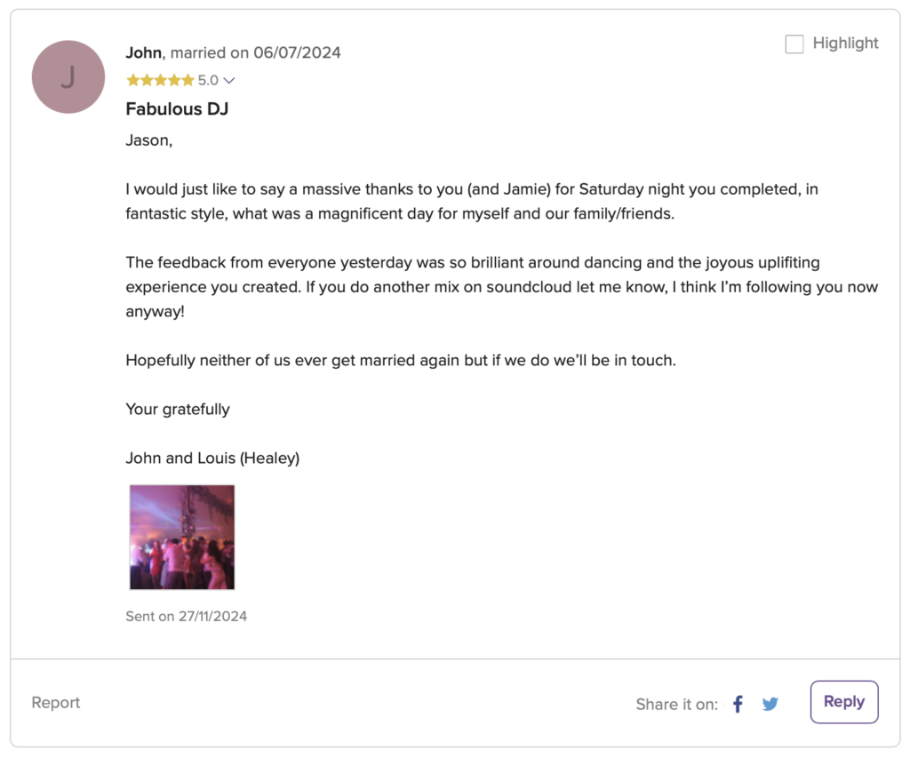 London Wedding DJ Review for DJ Jason Dupuy of Platinum DJs at Trafalgar Tavern, Greenwich, London. 
