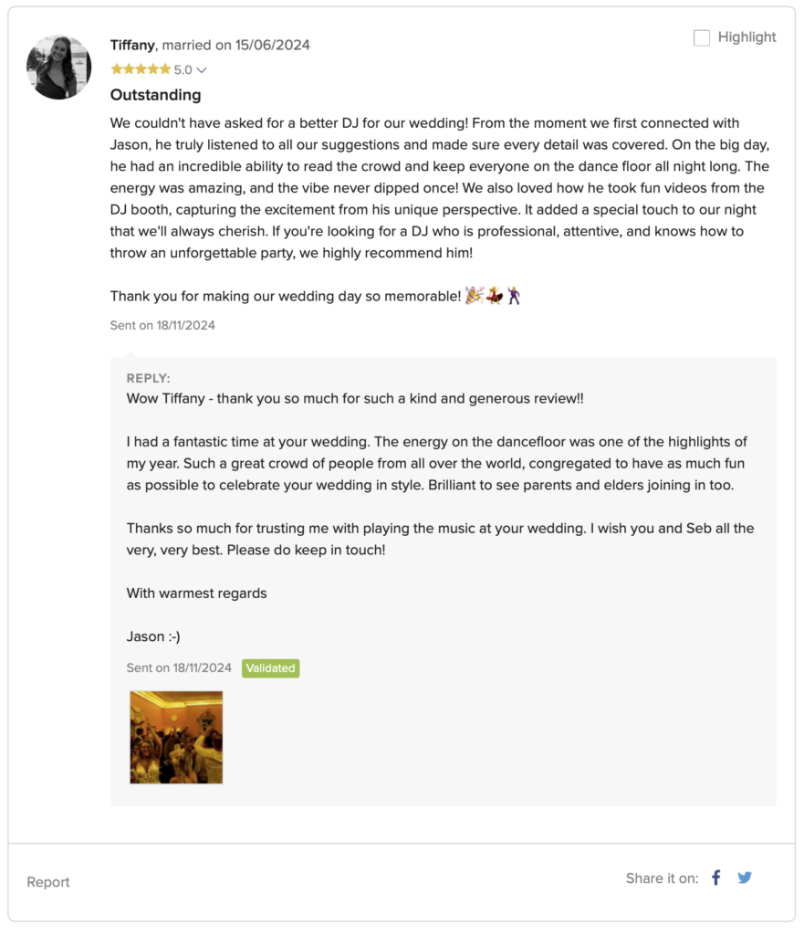 Review from American Bride for Wedding DJ Jason Dupuy at Wedding held at Wadhurst Castle in West Sussex.