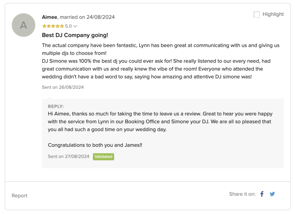 Fantastic Feedback for Kent Wedding DJ Simone of Platinum DJs. Venue was Hoth House, Edenbridge, Kent.