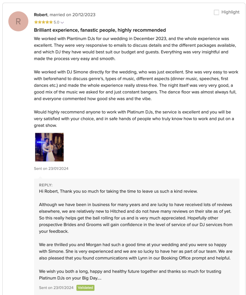 London Wedding DJ Review for Platinum DJ - Simone. Wedding held at Trafalgar Tavern, Greenwich, London.