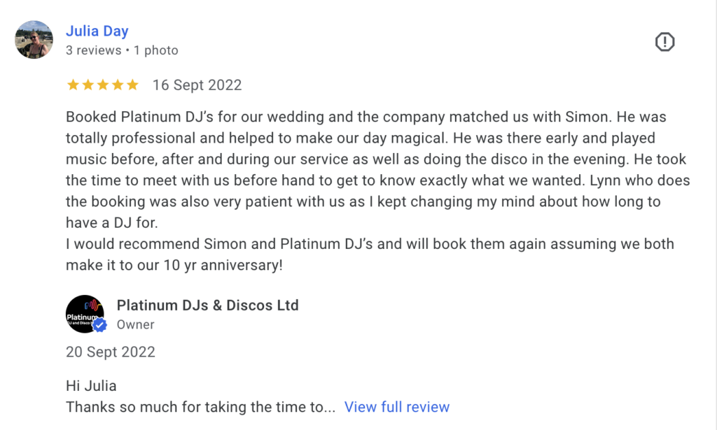 Wedding DJ Review for Simone Murphy of Platinum DJs playing in Downe, Bromley, Kent.
