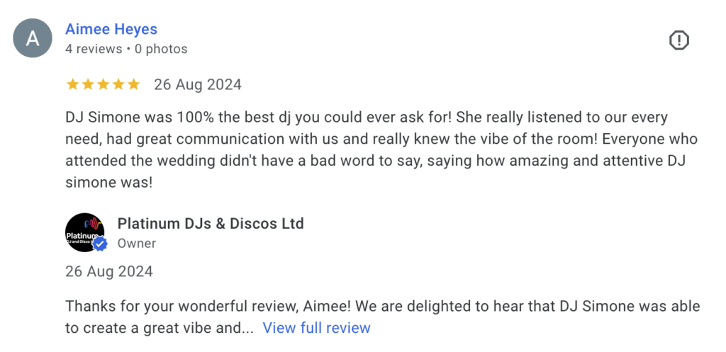 Wedding DJ Review for Platinum DJ Simone Murphy at Chiddingstone Hoath, Edenbridge, Kent.