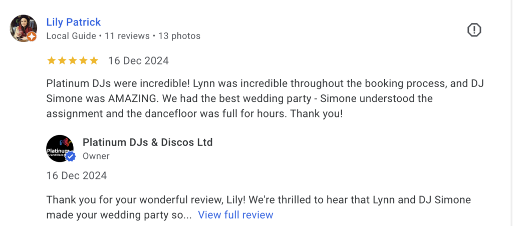 Wedding DJ for Wadhurst Castle, West Sussex - Review for DJ Simone of Platinum DJs.
