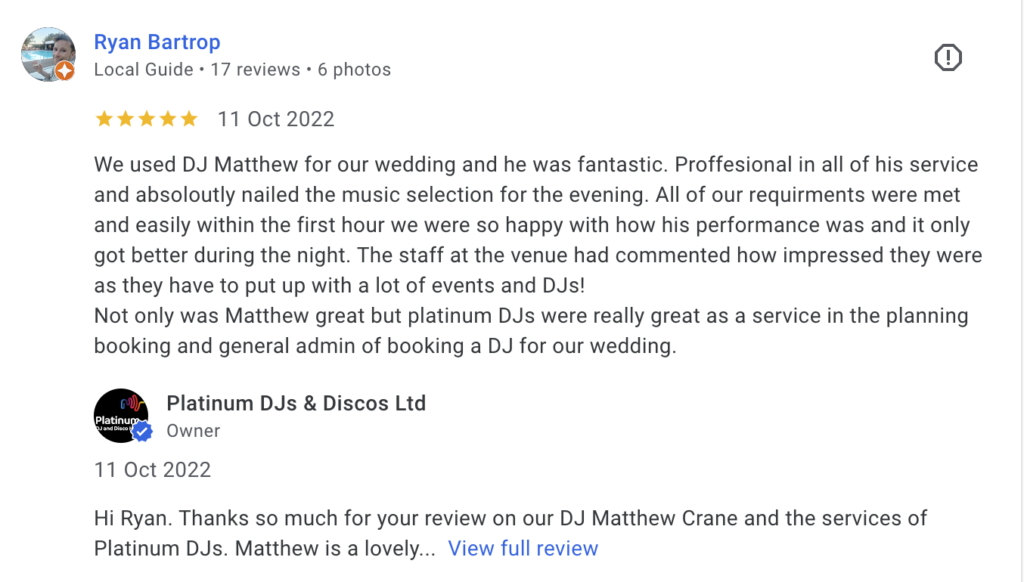 Wedding DJ in London - review for DJ Matthew Crane for the Groom at Trafalgar Tavern, Greenwich, London.