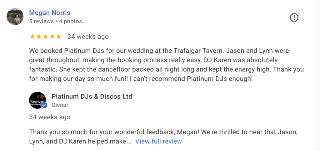 Female Wedding DJ in London - Review for DJ Karen F at The Trafalgar Tavern, Greenwich, London.