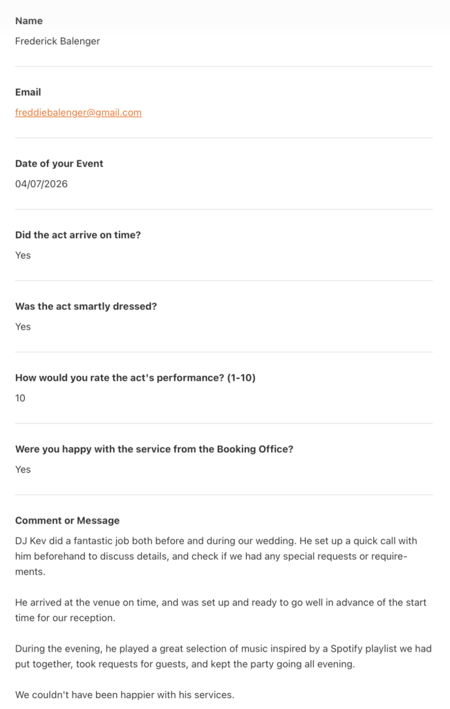 Wedding DJ Review for Platinum DJ - Kev H at Kingswood Arts Crystal Palace London.